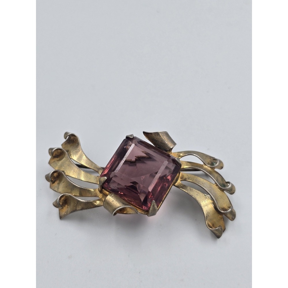 Vintage Sterling Gold Tone Purple Faceted Glass Brooch Pin Art Deco - Picture 12 of 14